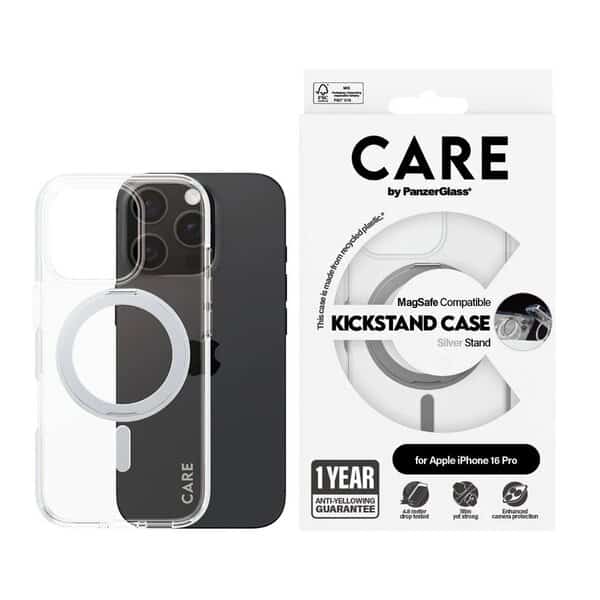 PanzerGlass iPhone 16 Pro CARE Feature Case Transparent w Silver Kickstand &