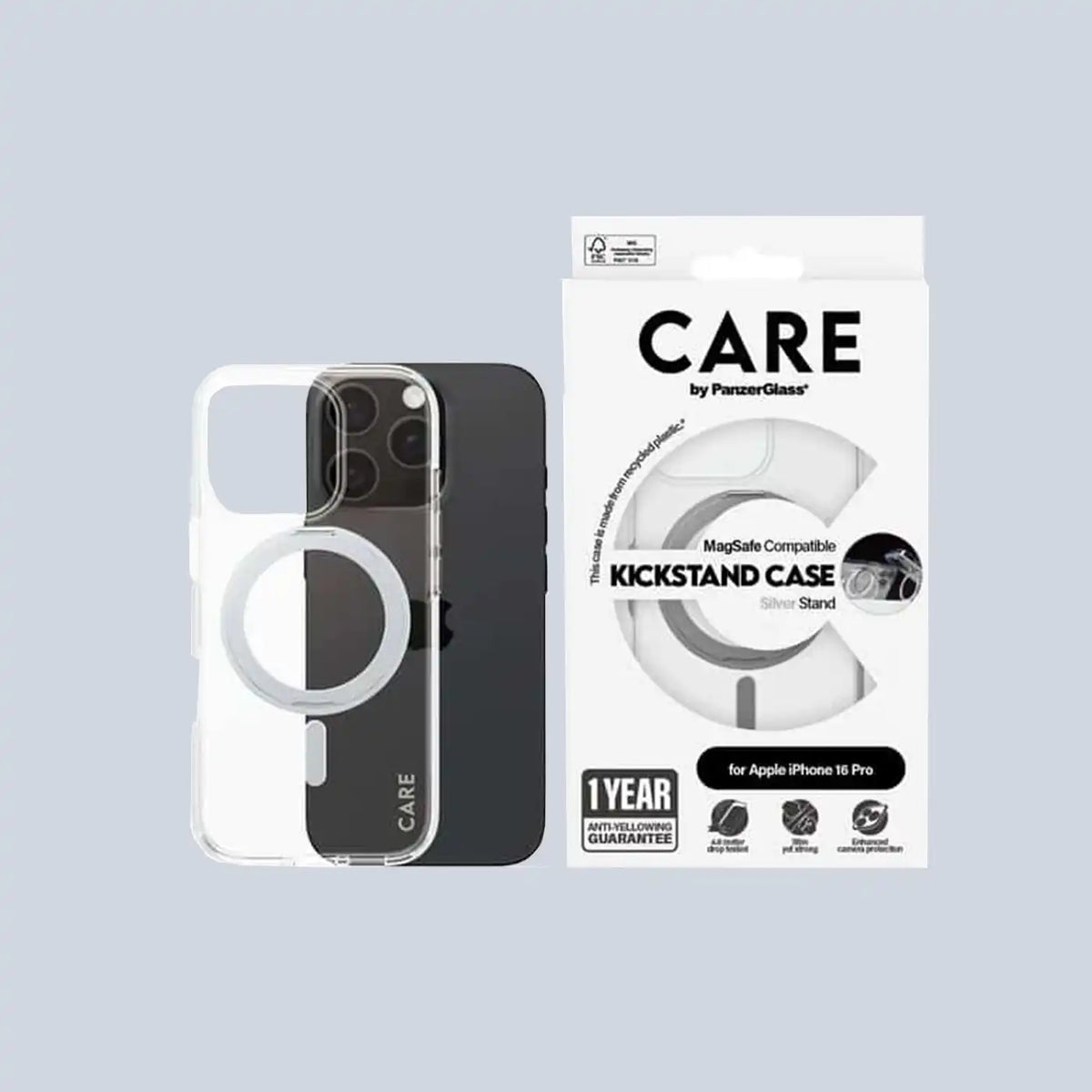 ⁦PanzerGlass iPhone 16 Pro Max CARE Feature Case⁩ شفاف مع قاعدة فضية و⁦MagSafe⁩