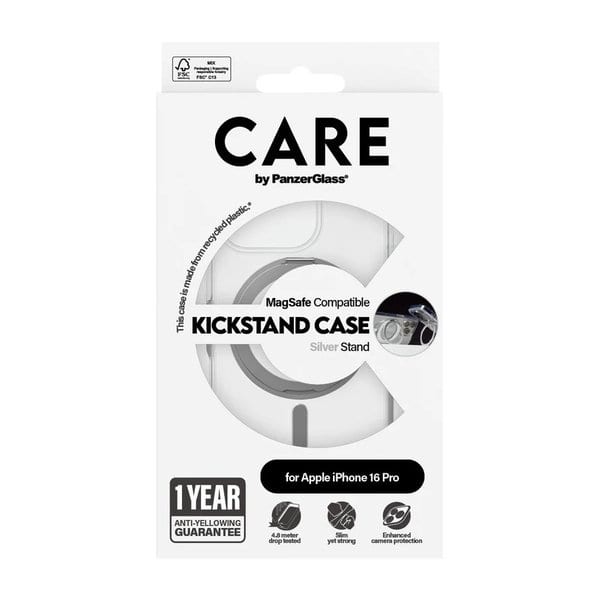 PanzerGlass iPhone 16 Pro Max CARE Feature Case Transparent w Silver Kickstand &