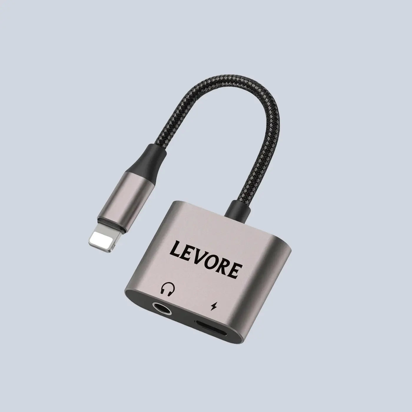 Levore Lightning to 3 5mm and Lightning Port Charging Adapter - Grey product photo