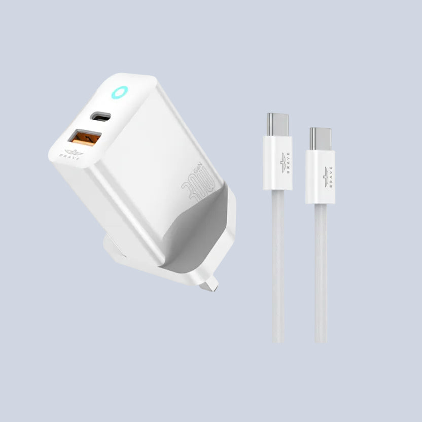Brave 30W GaN Dual Port Fast Wall Charger Type-C + USB-A 60W Fast Type-C to C