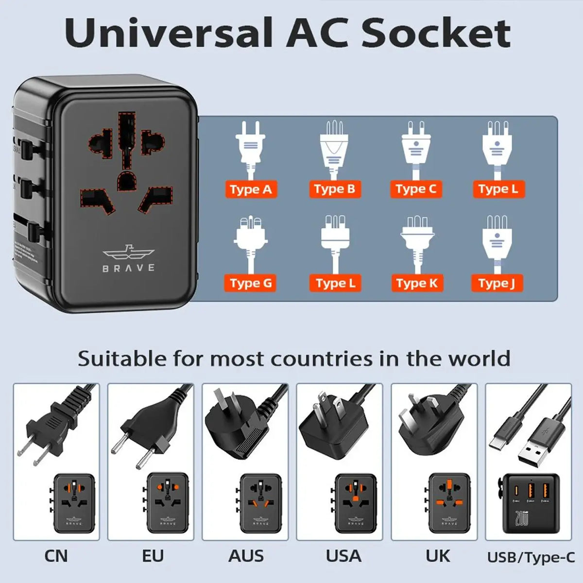 Brave 20W Fast Travel Charger GAN 3 Port + AC Adapter product photo