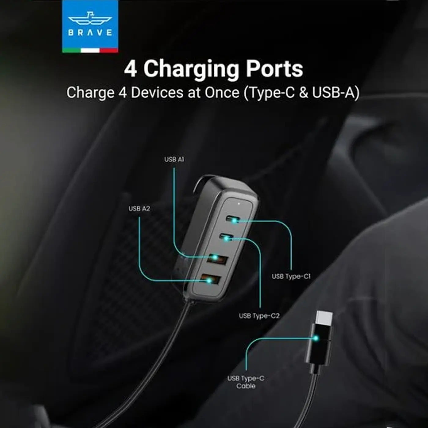 Brave 60W Multi Port Car Charger Extension -USB-C Cable Port product photo