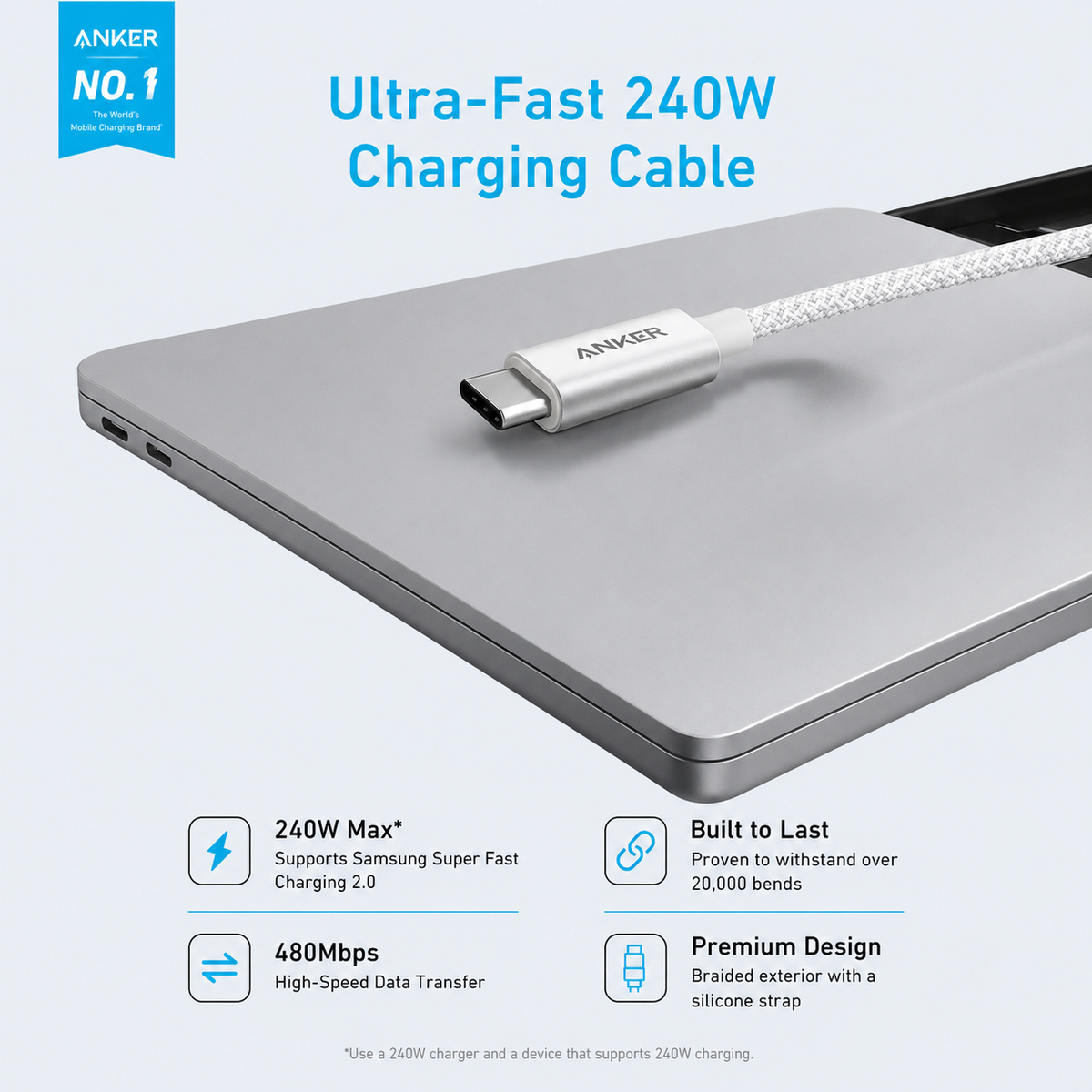 كابل ⁦Anker Zolo USB-C⁩ إلى ⁦USB-C 240W⁩ مضفر - أبيض