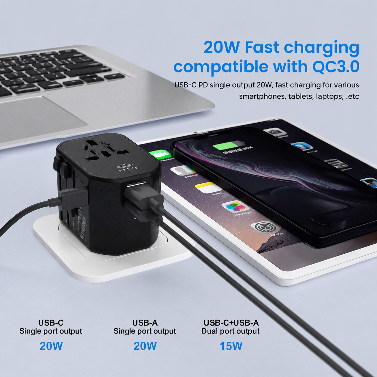 ⁦Brave Travel 3 Port + AC Travel Adapter BTC-33⁩