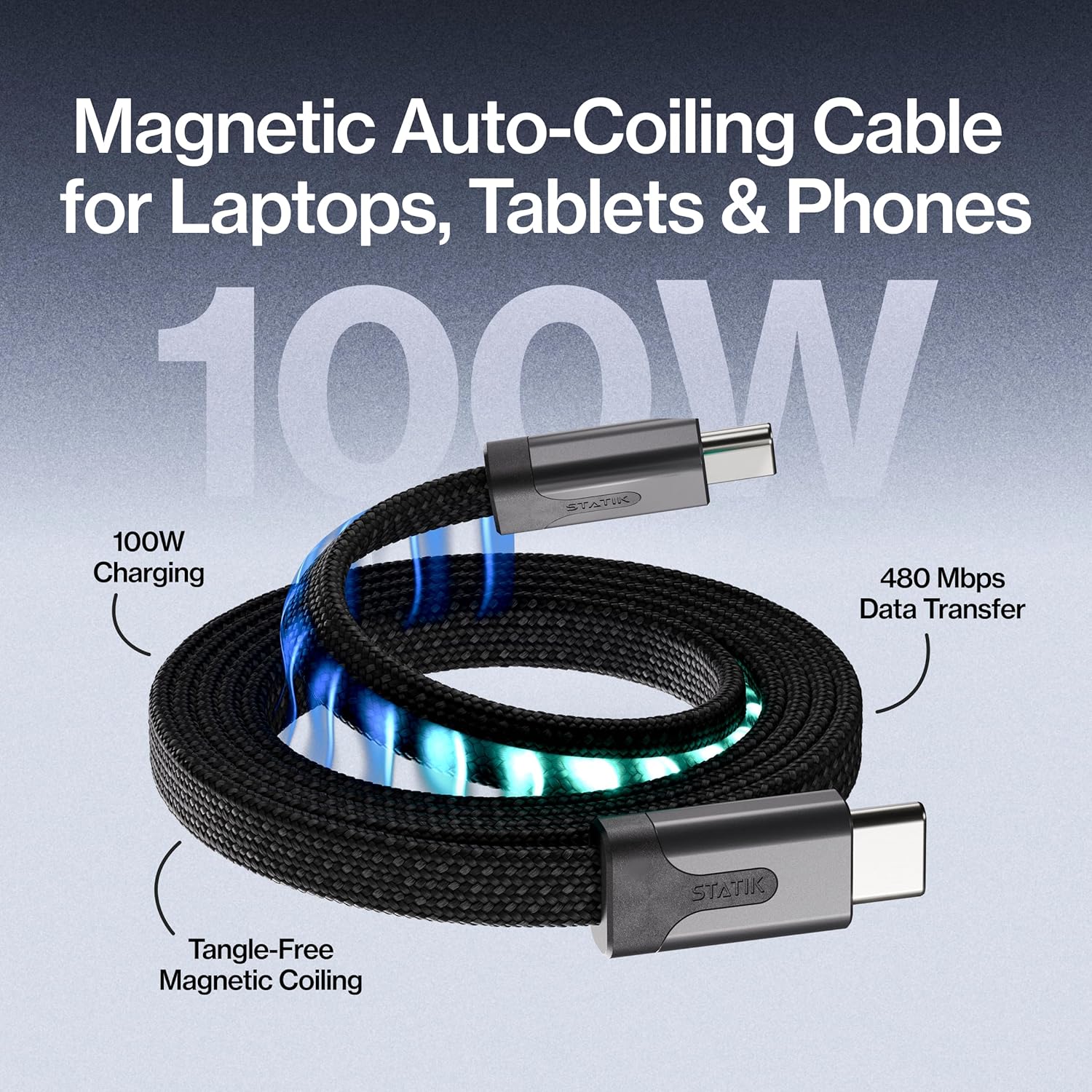 Statik USB C to USB C MagStack Slim Pro Cable 100W 6FT 2M product photo