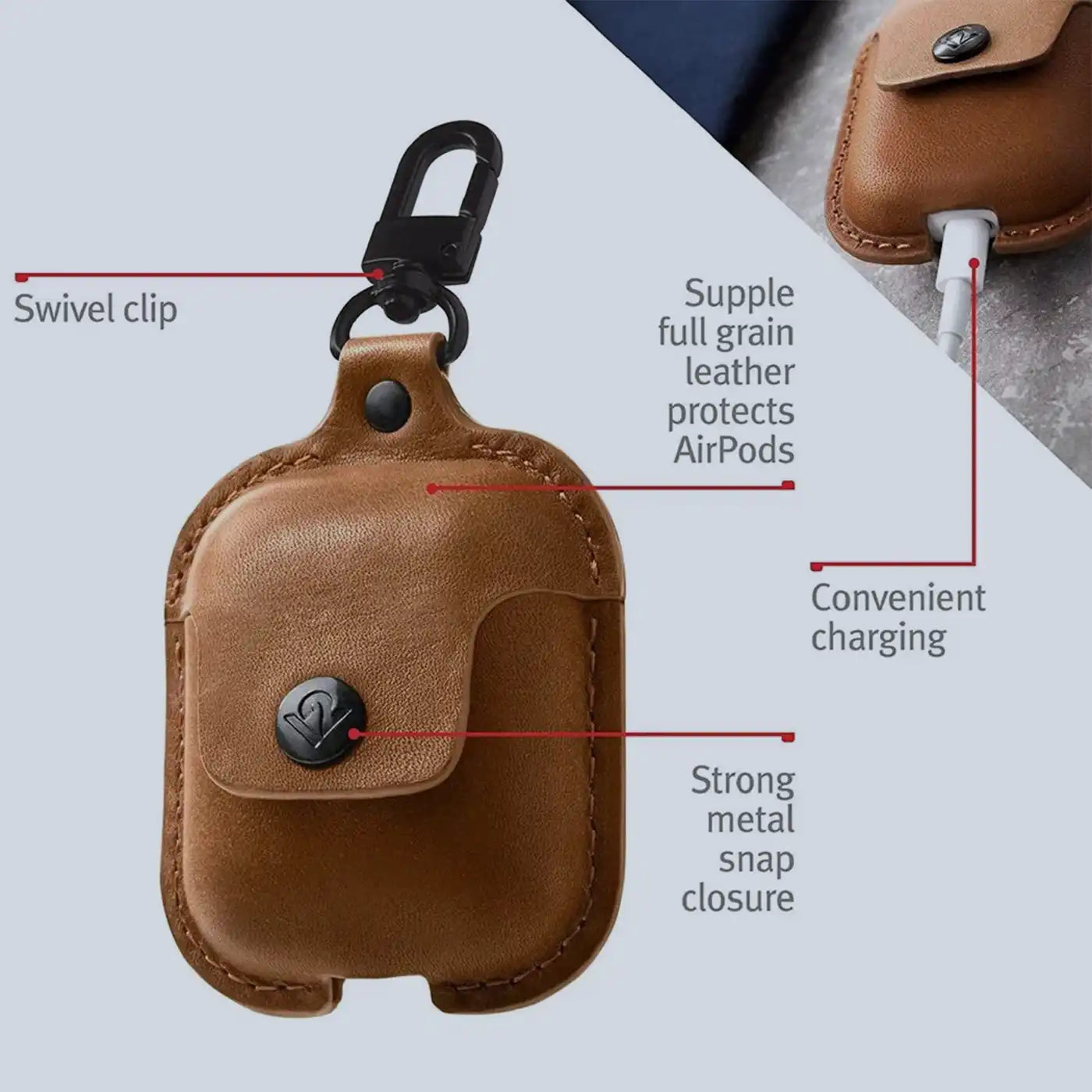 ⁦TwelveSouth AirSnap⁩ | غطاء جلدي واقي مع مشبك لمنع الفقدان لعناصر ⁦AirPods -⁩ بني
