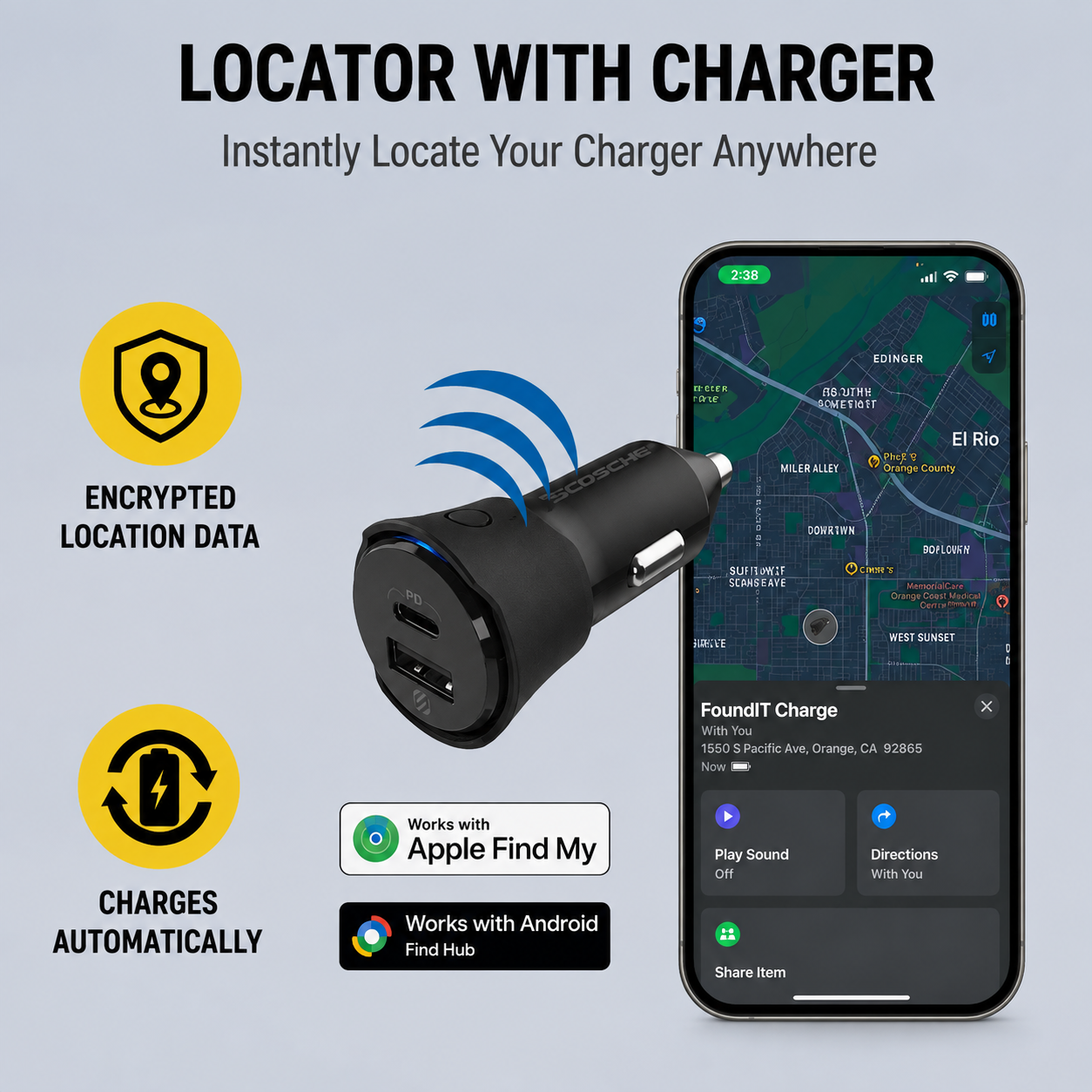 ⁦Scosche Charge 32W Dual-Port Car Charger and Locator - Black⁩