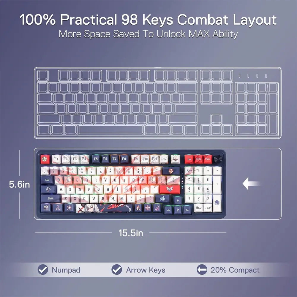 Eisa Pro 3-Modes 98 Keys Gasket Hot-Swappable RGB Mechanical Gaming Keyboard With Linear Mechanical Switches - Blue/White