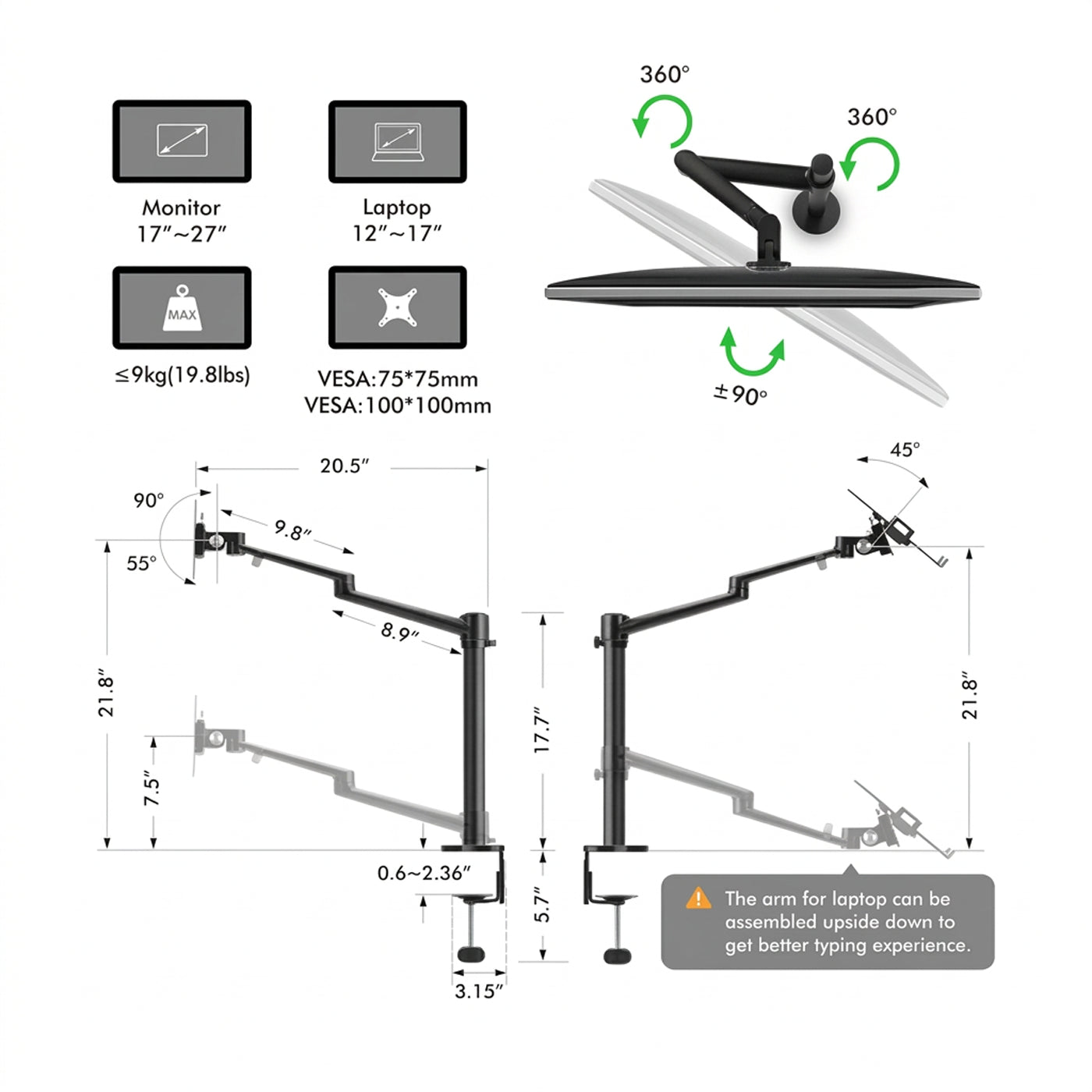 Gamvity 3-in-1 Adjustable Triple Monitor Arm Desk Dual Arm Stand additional product image