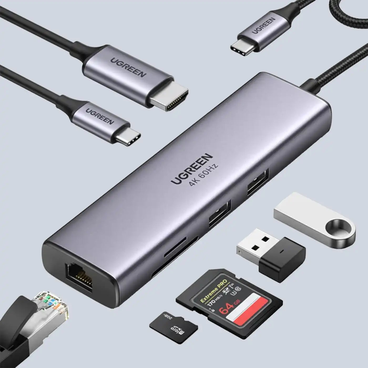 Ugreen 7in1 multi-functional HUB USB Type C - 2x USB 3.2 Gen 1 / HDMI 4K 60Hz / SD and TF card reader / USB Type C PD 100W / RJ45 1000Mbps (1Gbps) gray (60515 CM512)