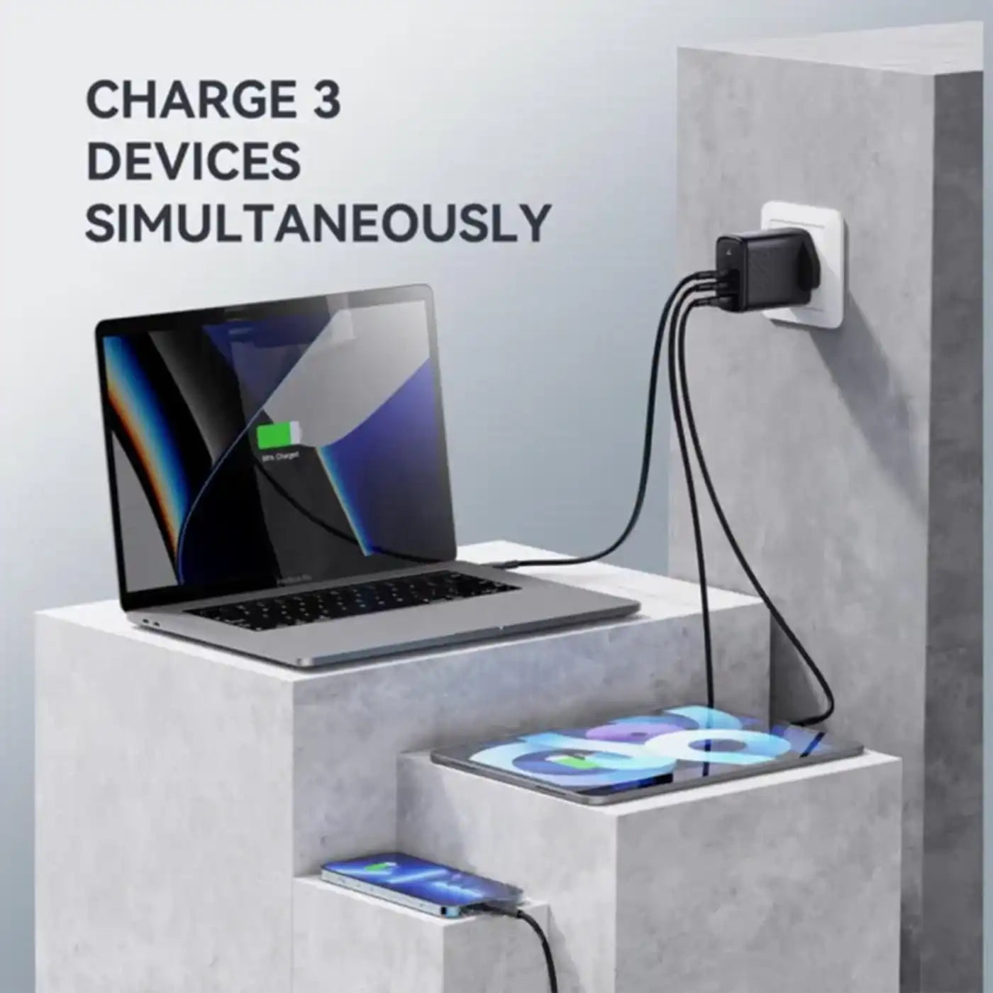 شاحن ⁦Voltme 67W USB C⁩، ⁦3⁩ منافذ، شاحن جداري سريع قابل للطي