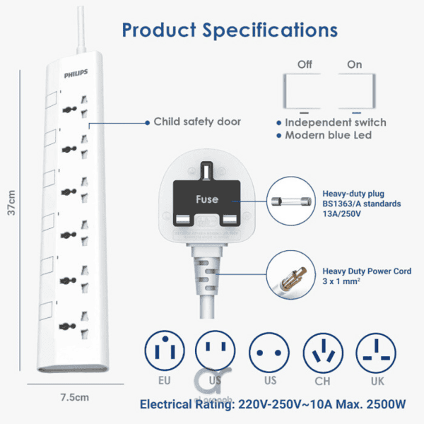 Philips 6-Way Universal Power Extension Cord 3M White product photo