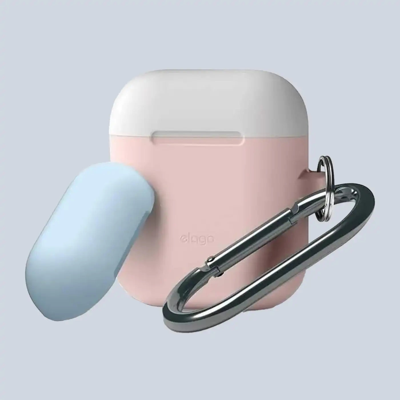 جراب ⁦Elago Duo Hang⁩ ل ⁦AirPods -⁩ جسم وردي/غطاء أبيض، أزرق باهت