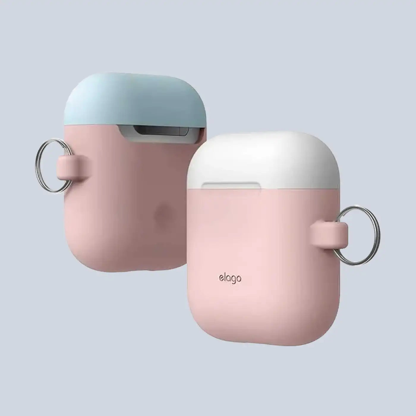 جراب ⁦Elago Duo Hang⁩ ل ⁦AirPods -⁩ جسم وردي/غطاء أبيض، أزرق باهت