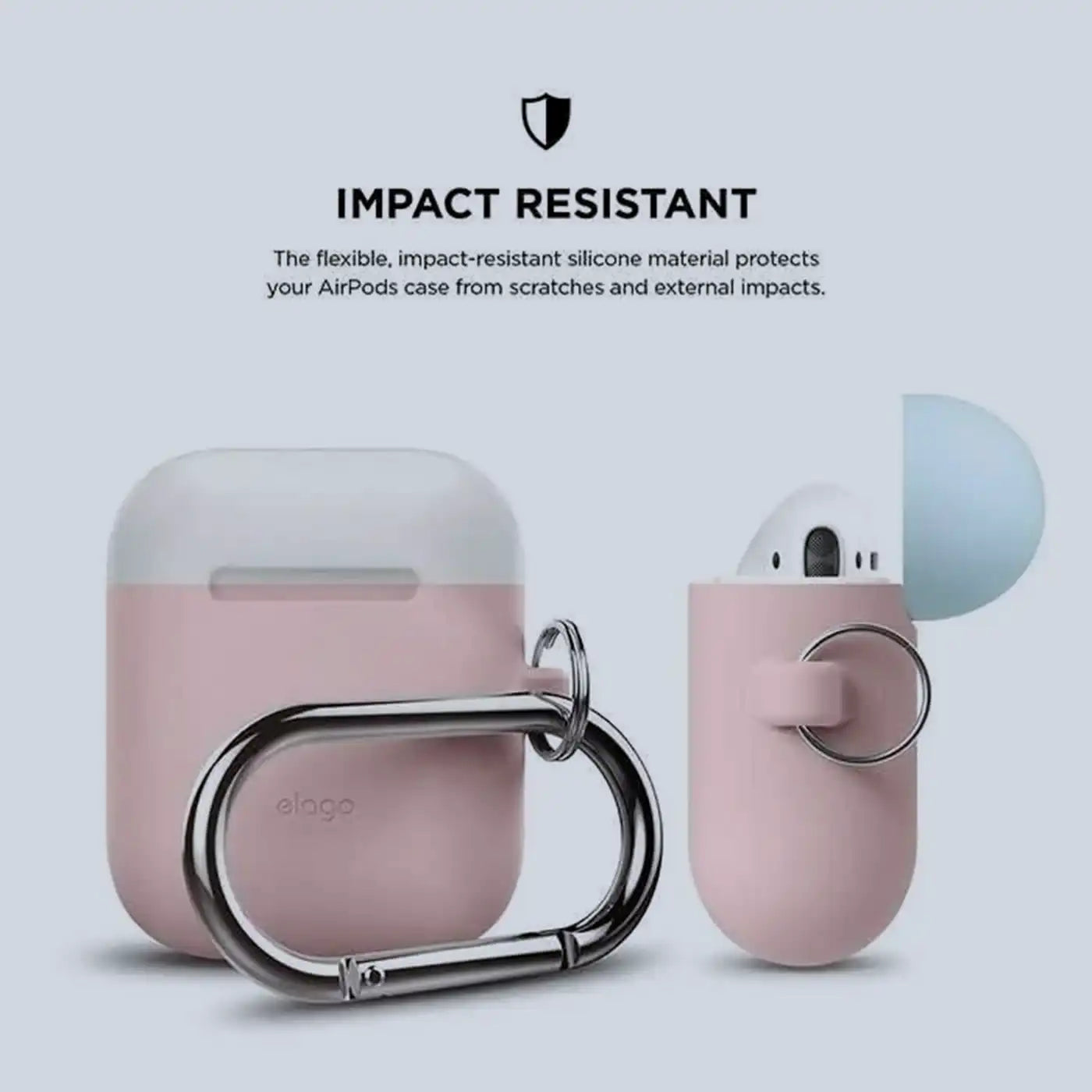 جراب ⁦Elago Duo Hang⁩ ل ⁦AirPods -⁩ جسم وردي/غطاء أبيض، أزرق باهت