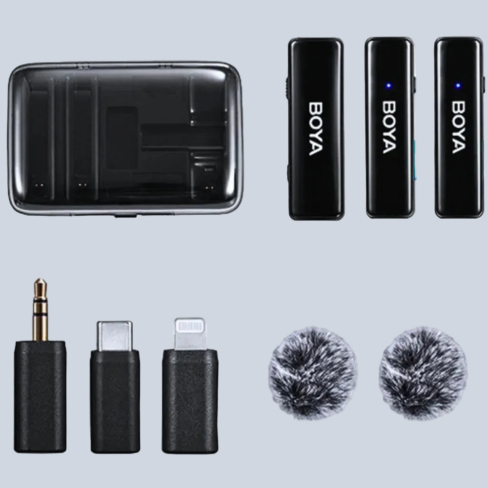 ⁦BOYA Microphone w-case⁩ مع موصل ⁦Lightning⁩ و⁦Type-C⁩ و⁦3.5mm⁩
