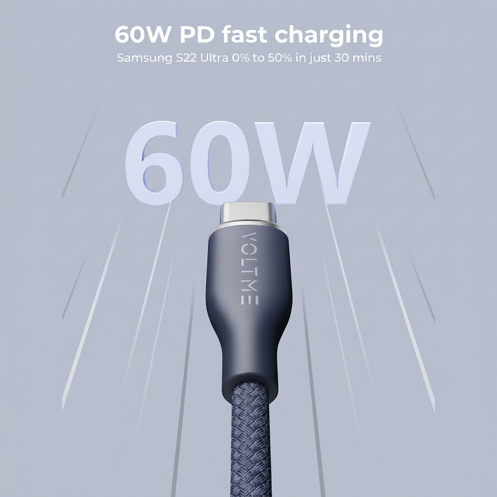 Voltme 60W USB-A to USB-C Fast Charging Cable 3A PD Quick Charge Type-C Charger Cord 1 8m